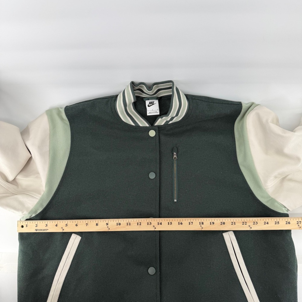 NWT Nike Destroyer Varsity Bomber Jacket Leather Green Cream $500 Retail Wmns L - Picture 13 of 16